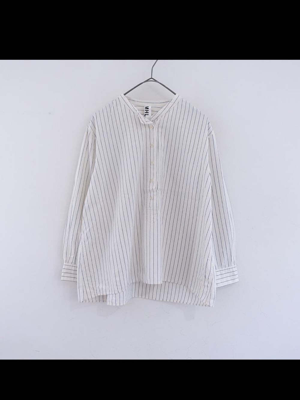 MHL. Striped Band Collar Button-Up Shirt in Cream & Navy - Picture 6 of 8